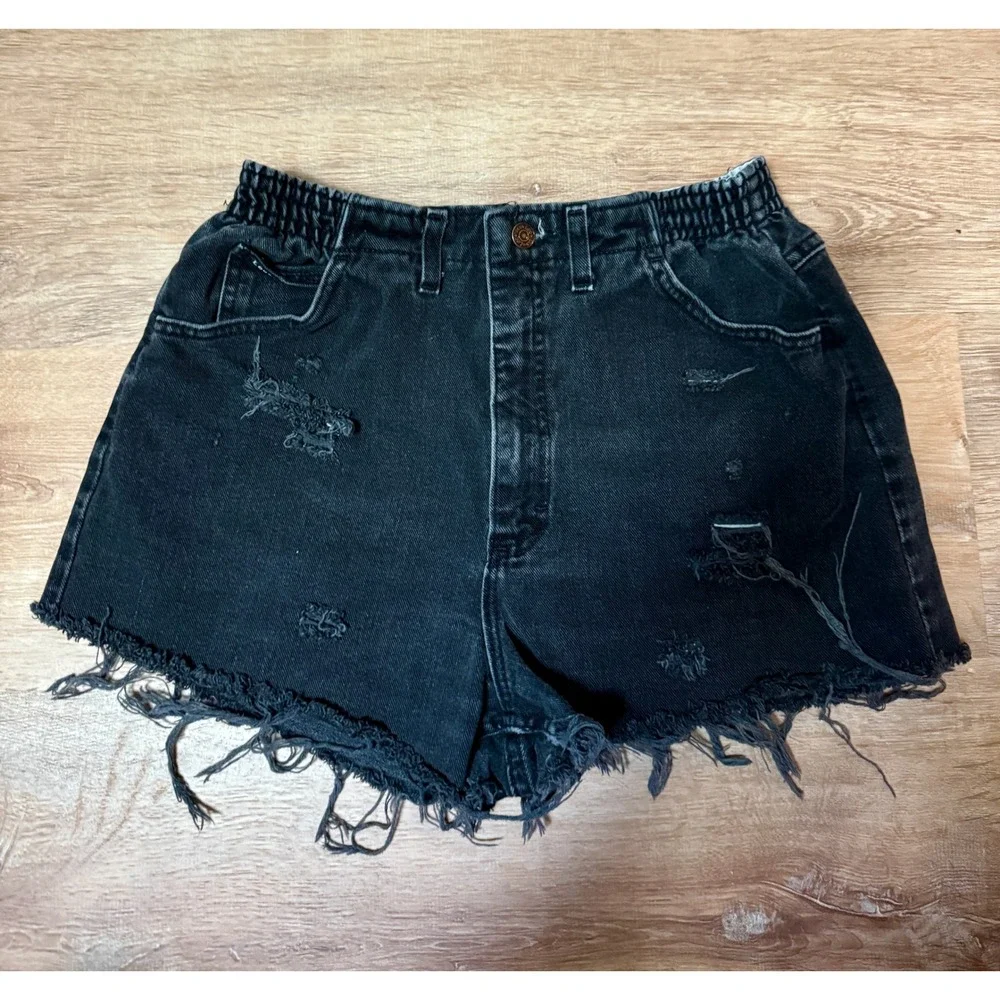 Vintage Lee Denim Shorts Distressed Frayed‎ Black Elastic Waist Women's Size 12